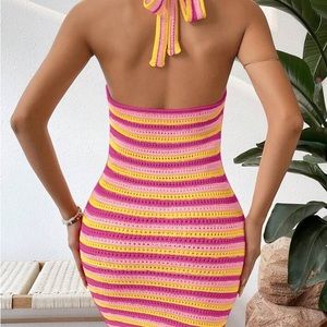 VCAY Striped Pattern Backless Halter Neck Sweater Dress